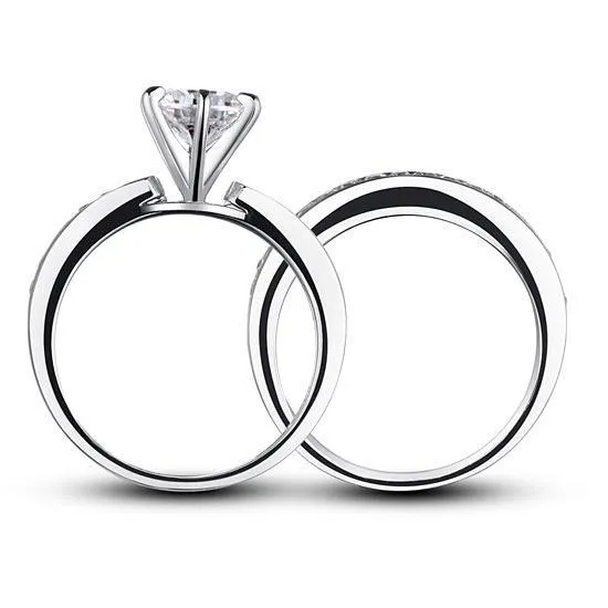 1 Carat Round Cut Created Zirconia 925 Sterling Silver 2-Pc Wedding Engagement Ring Set MJXFR8014