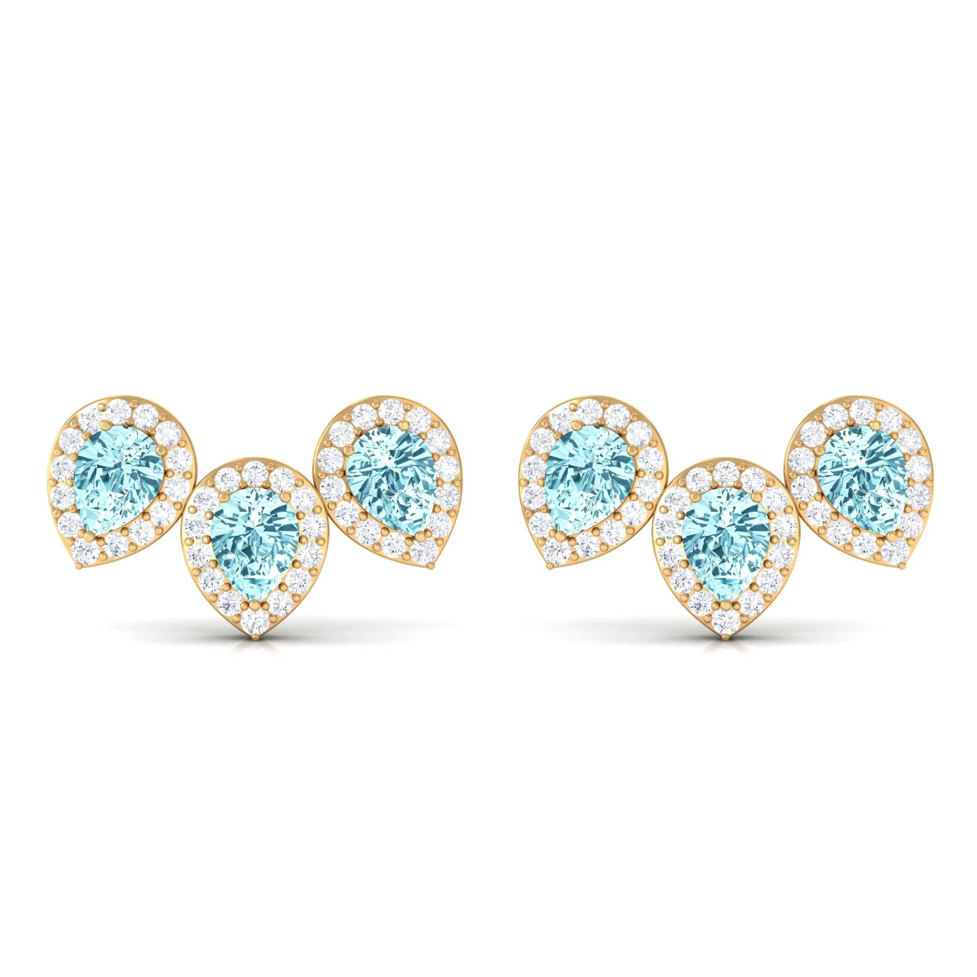 1 CT Pear Cut Aquamarine Three Stone Stud Earring with Diamond Halo