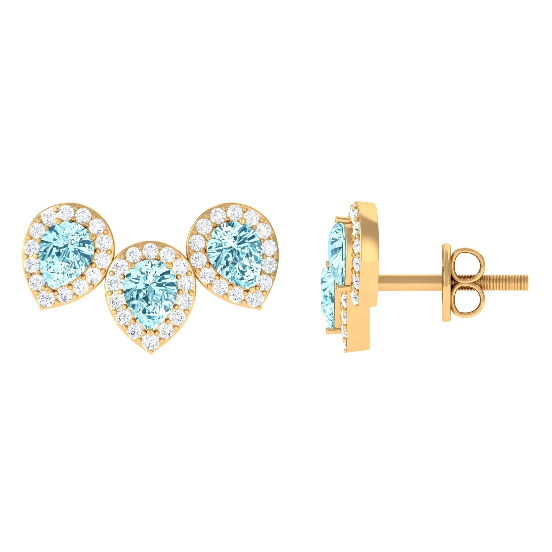 1 CT Pear Cut Aquamarine Three Stone Stud Earring with Diamond Halo