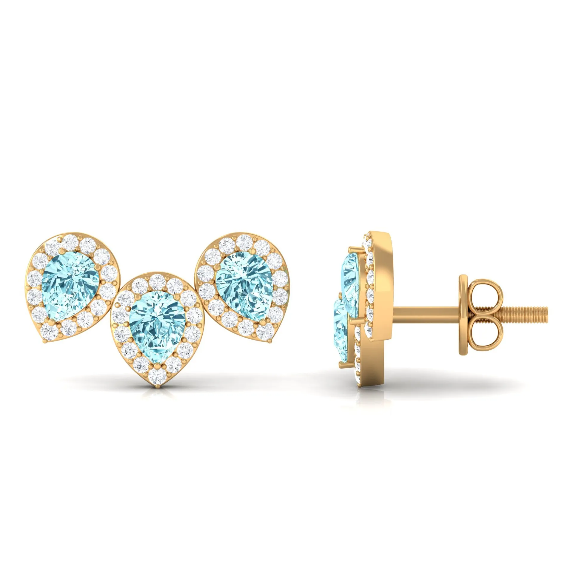 1 CT Pear Cut Aquamarine Three Stone Stud Earring with Diamond Halo