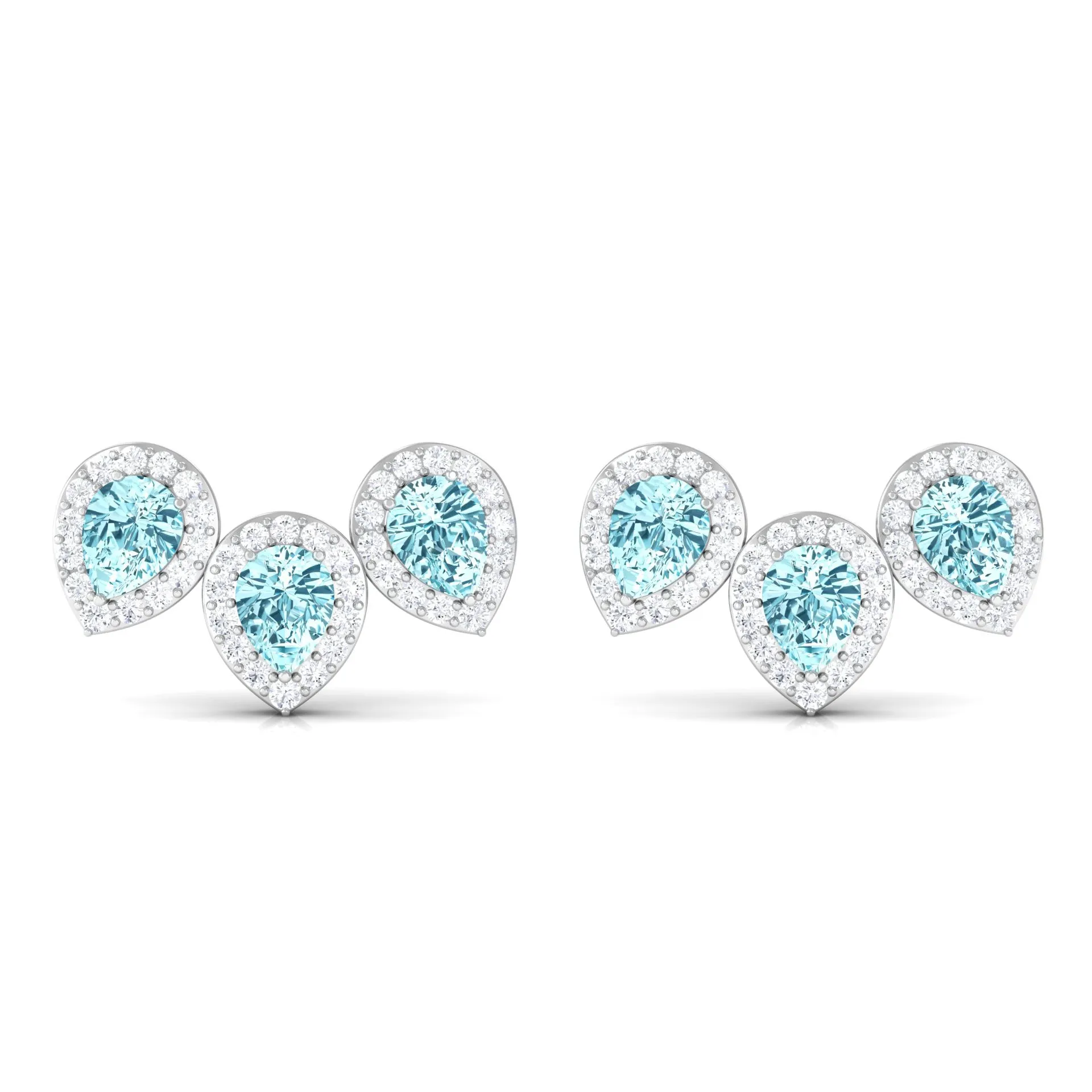1 CT Pear Cut Aquamarine Three Stone Stud Earring with Diamond Halo