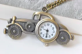 1 PC Antique Bronze Vintage Car Pocket Watch Necklace 30x32mm A2232