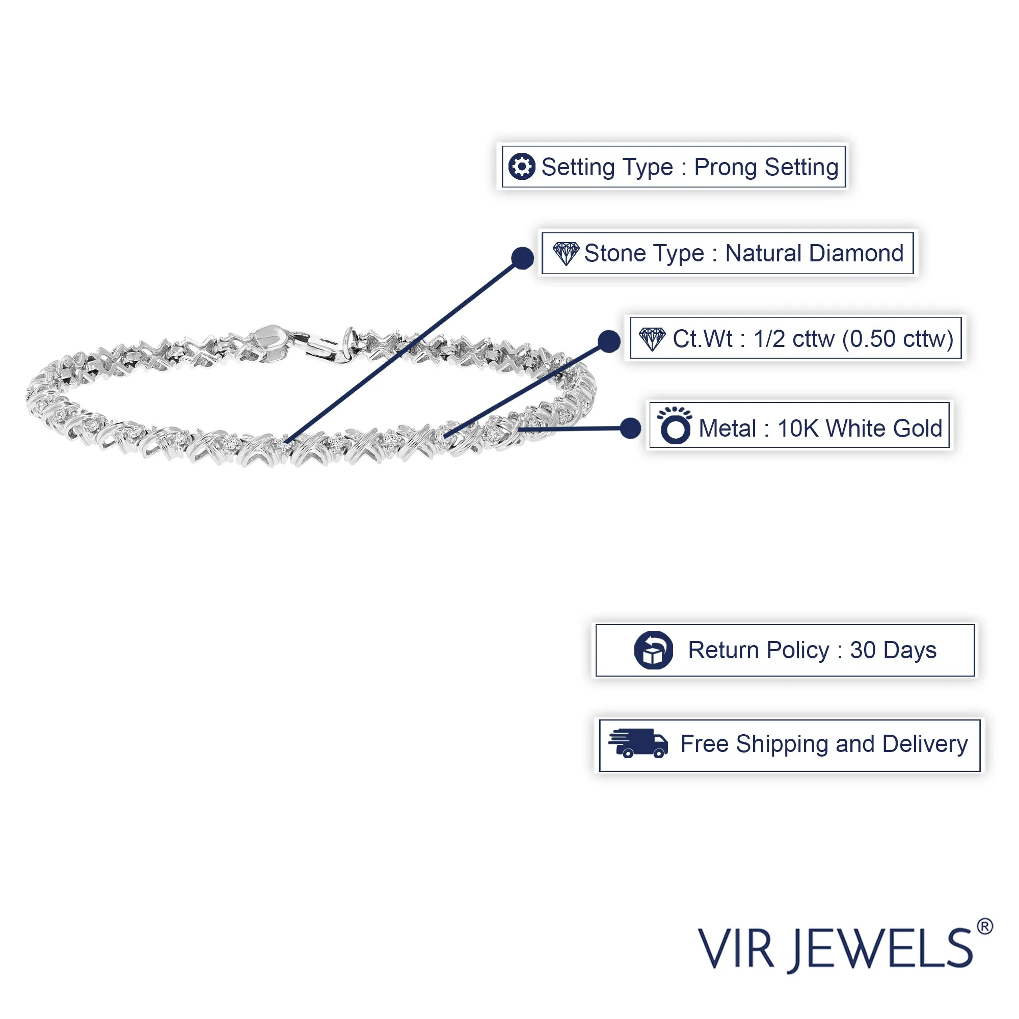 1/2 cttw SI2-I1 Diamond Bracelet 10K White Gold Round Prong Set XOXO 7 Inch