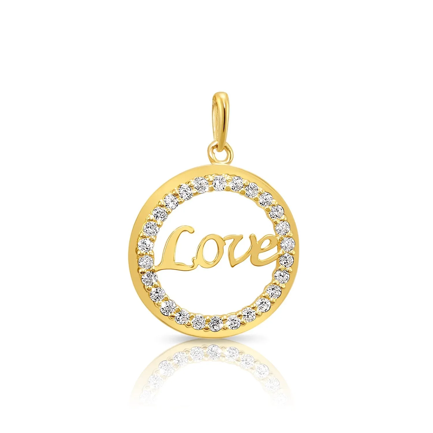 14K Solid Yellow Gold Love Script CZ Pendant, With 18" Cable Chain Necklace