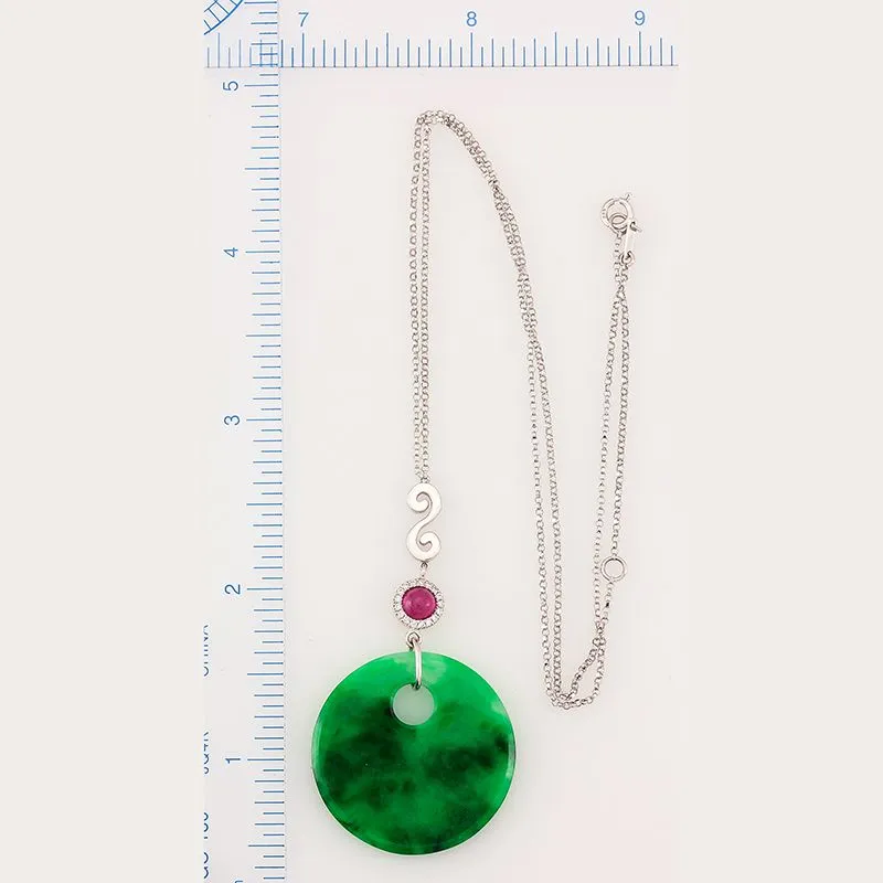 14k White Gold Green Jadeite Jade Disc Necklace