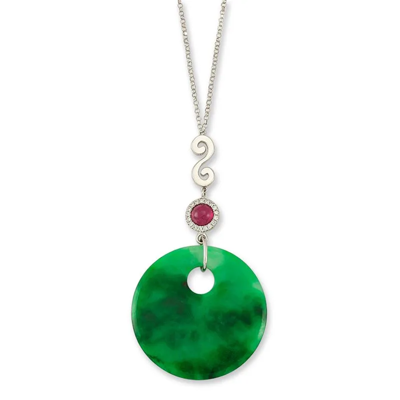 14k White Gold Green Jadeite Jade Disc Necklace