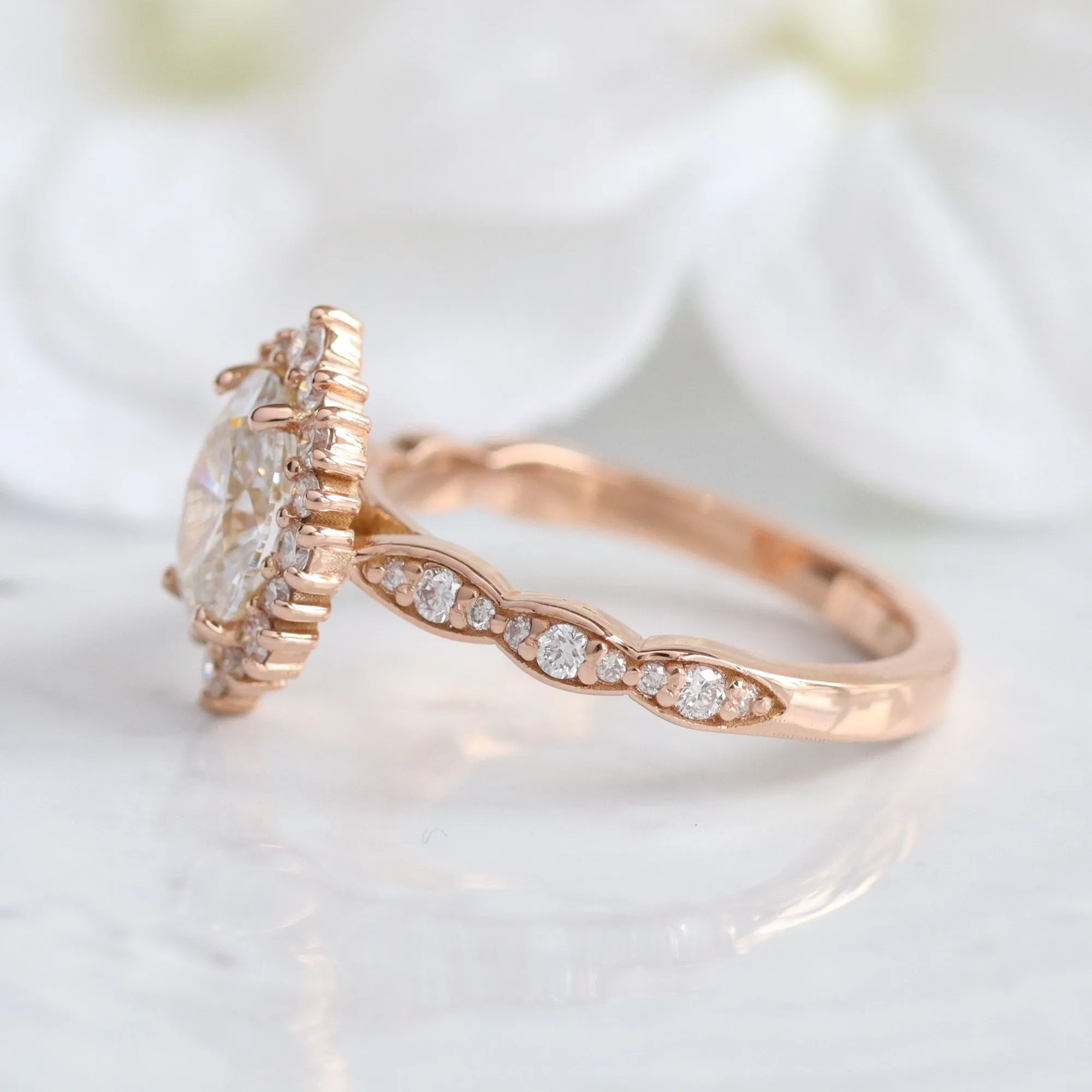 1.7 Ct Tiara Halo Lab Diamond Ring in 14k Rose Gold Scalloped Band, Size 6