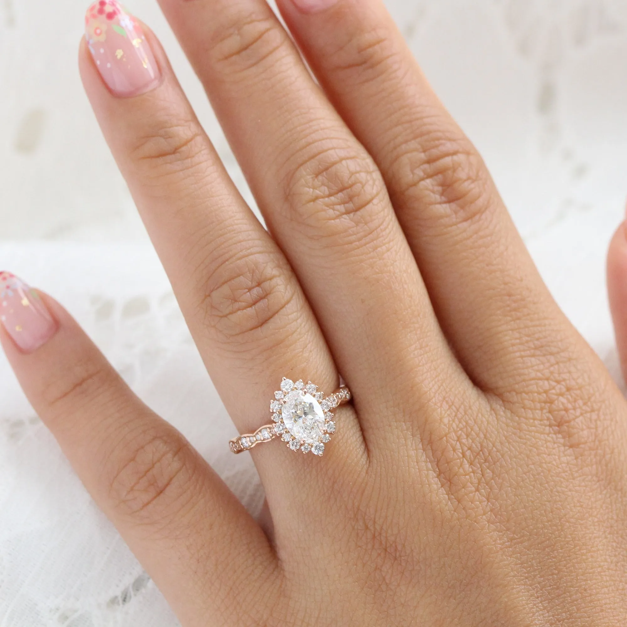 1.7 Ct Tiara Halo Lab Diamond Ring in 14k Rose Gold Scalloped Band, Size 6