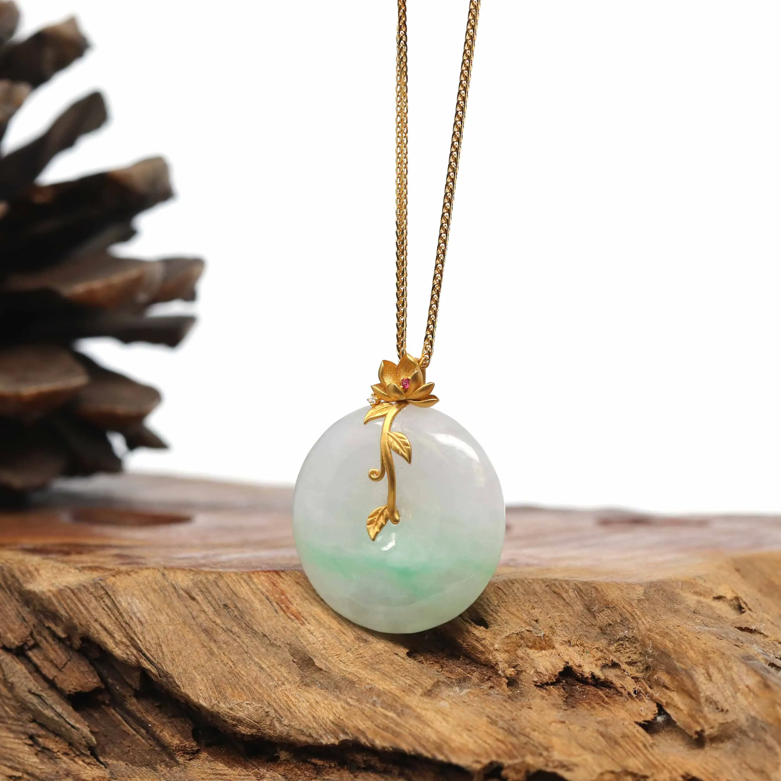 18K Yellow Gold "Good Luck Button" Necklace Lavender Green Jadeite Jade Pendant Necklace