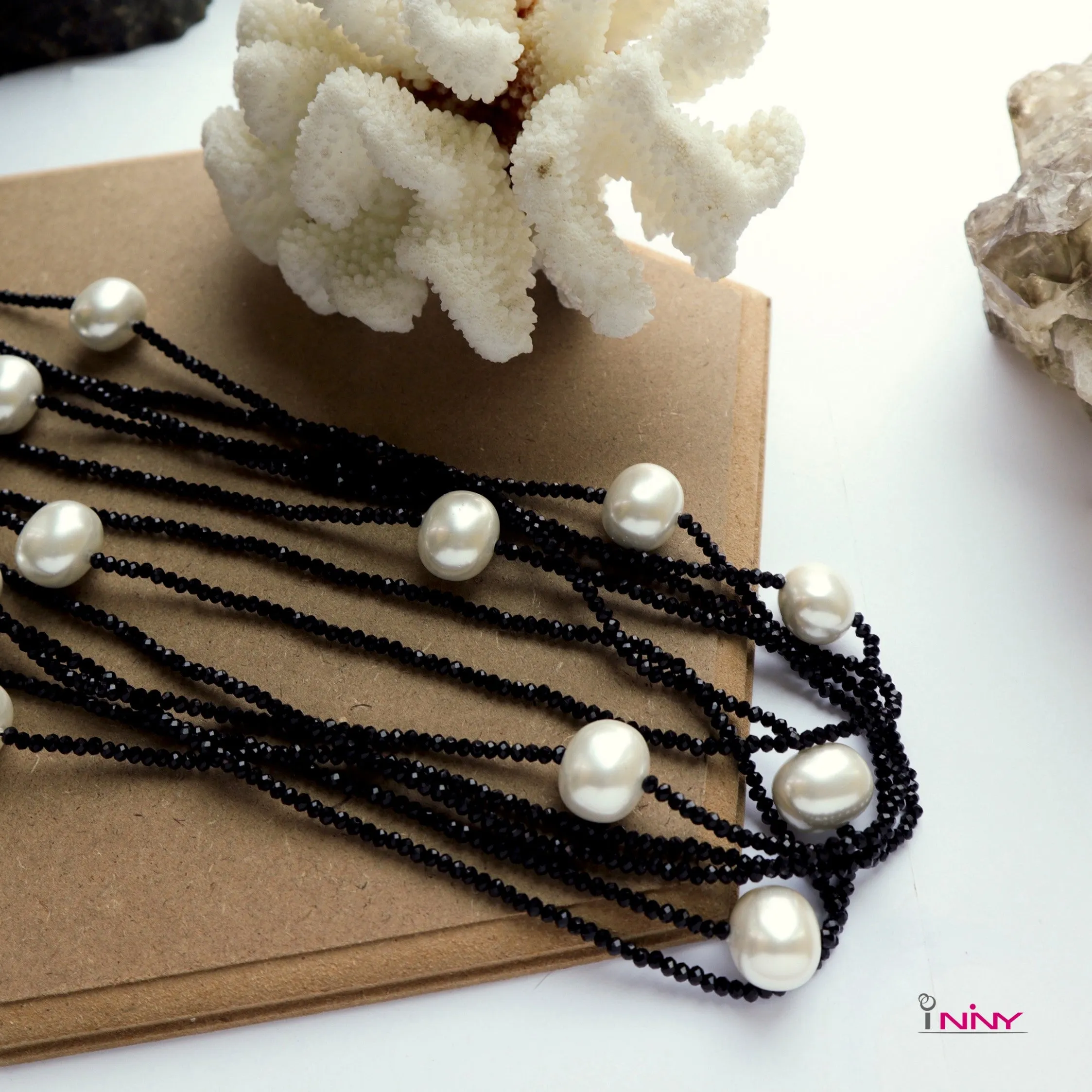 6 Lines Shell Pearl with Crystals Necklace
