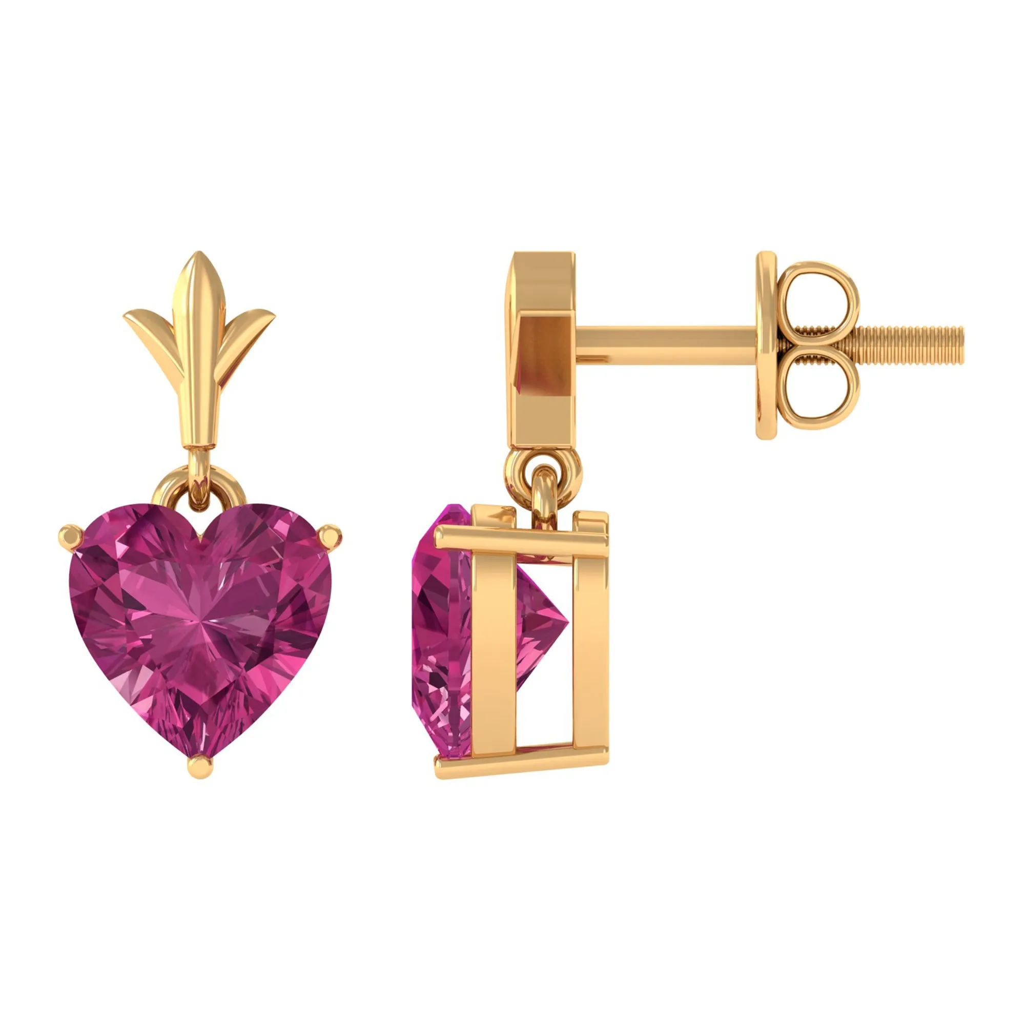 6 MM Heart Shape Pink Tourmaline Drop Stud Earrings