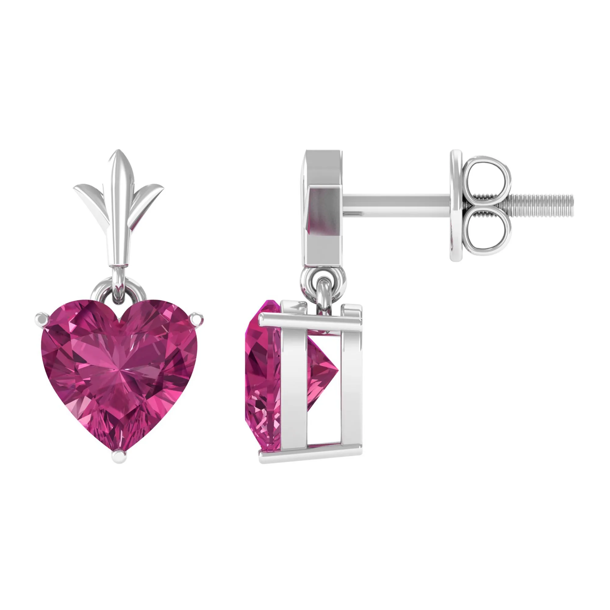 6 MM Heart Shape Pink Tourmaline Drop Stud Earrings