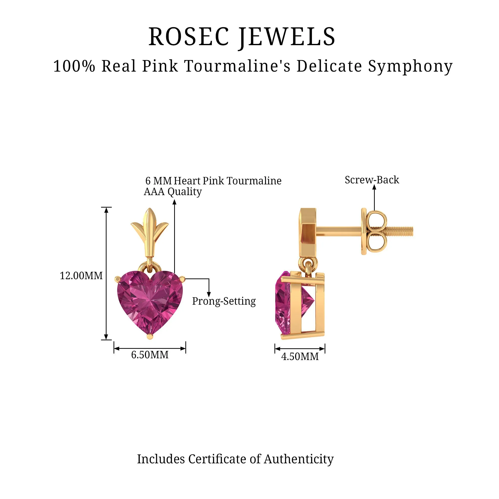 6 MM Heart Shape Pink Tourmaline Drop Stud Earrings