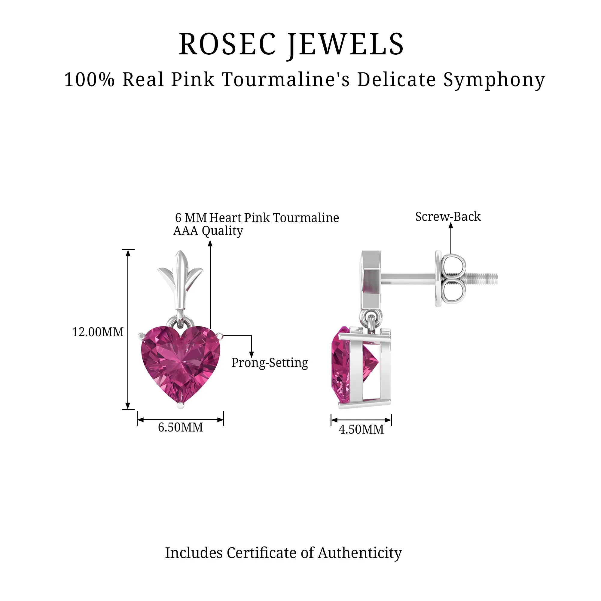 6 MM Heart Shape Pink Tourmaline Drop Stud Earrings