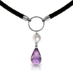 7.5 Carat 14K Solid White Gold Leather Necklace Pearl Amethyst