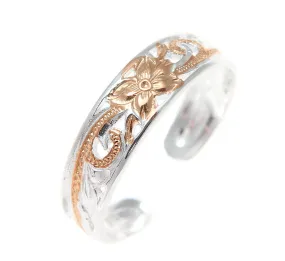 925 Silver Pink Rose Gold Hawaiian Plumeria Scroll 4mm Inside Cut Open Toe Ring