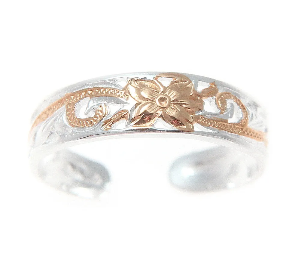 925 Silver Pink Rose Gold Hawaiian Plumeria Scroll 4mm Inside Cut Open Toe Ring