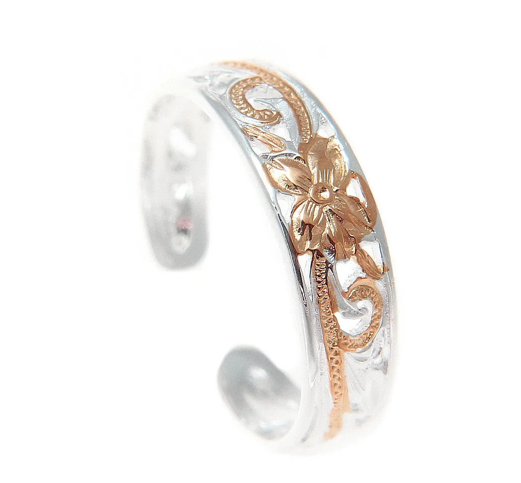 925 Silver Pink Rose Gold Hawaiian Plumeria Scroll 4mm Inside Cut Open Toe Ring