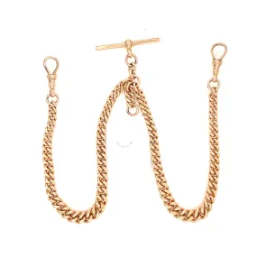 Antique 9ct Rose Gold Graduated Double Albert Watch Chain & T Bar - 47.44g