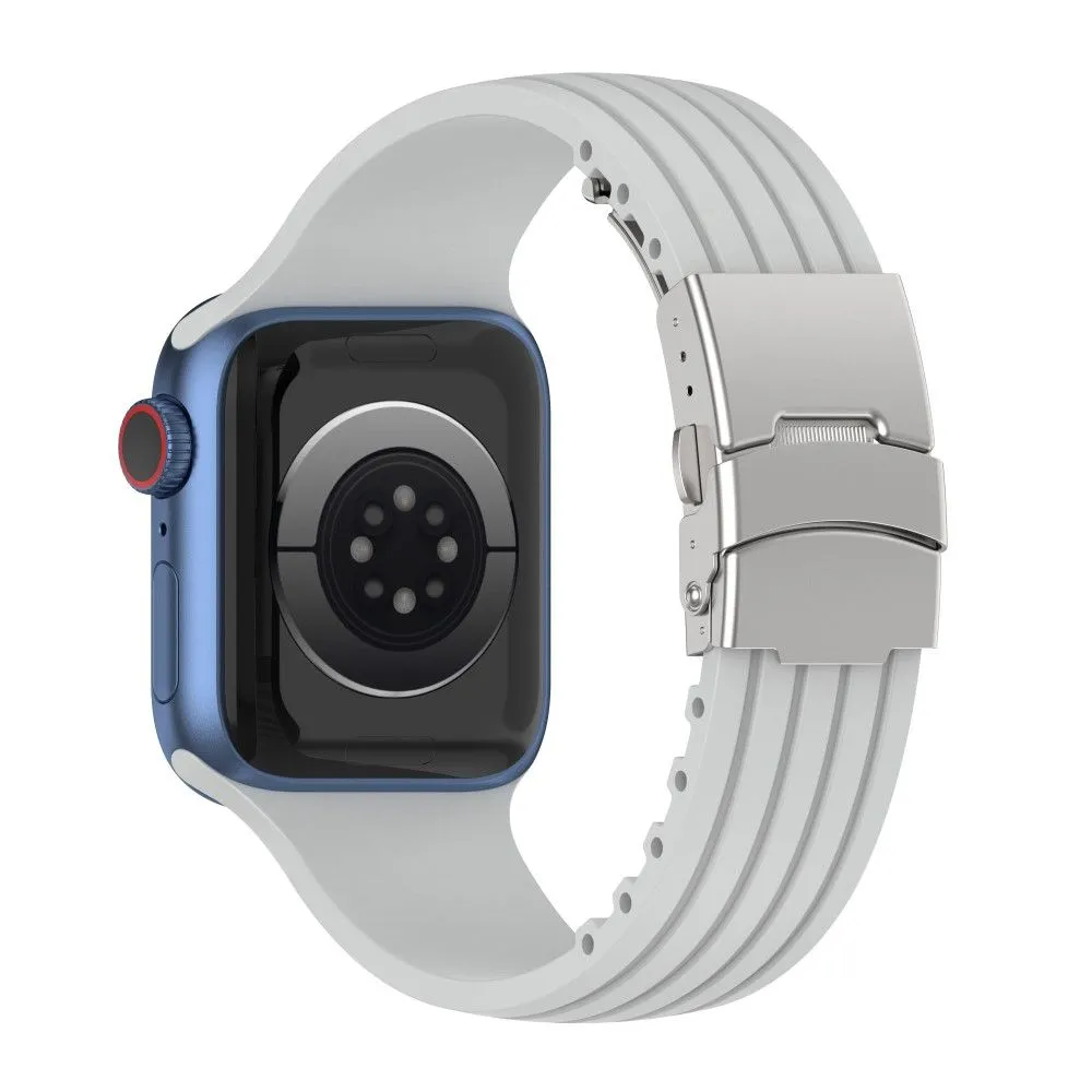 Apple Watch (45mm) stripe silicone watch strap with folding clasp - Grey