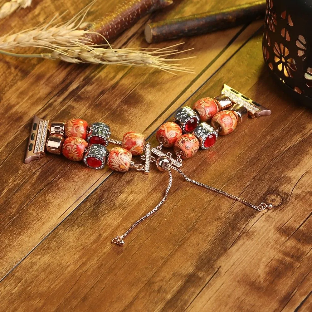 Apple Watch (45mm) stylish bead loop watch strap - Wood Color / Chain Dangle