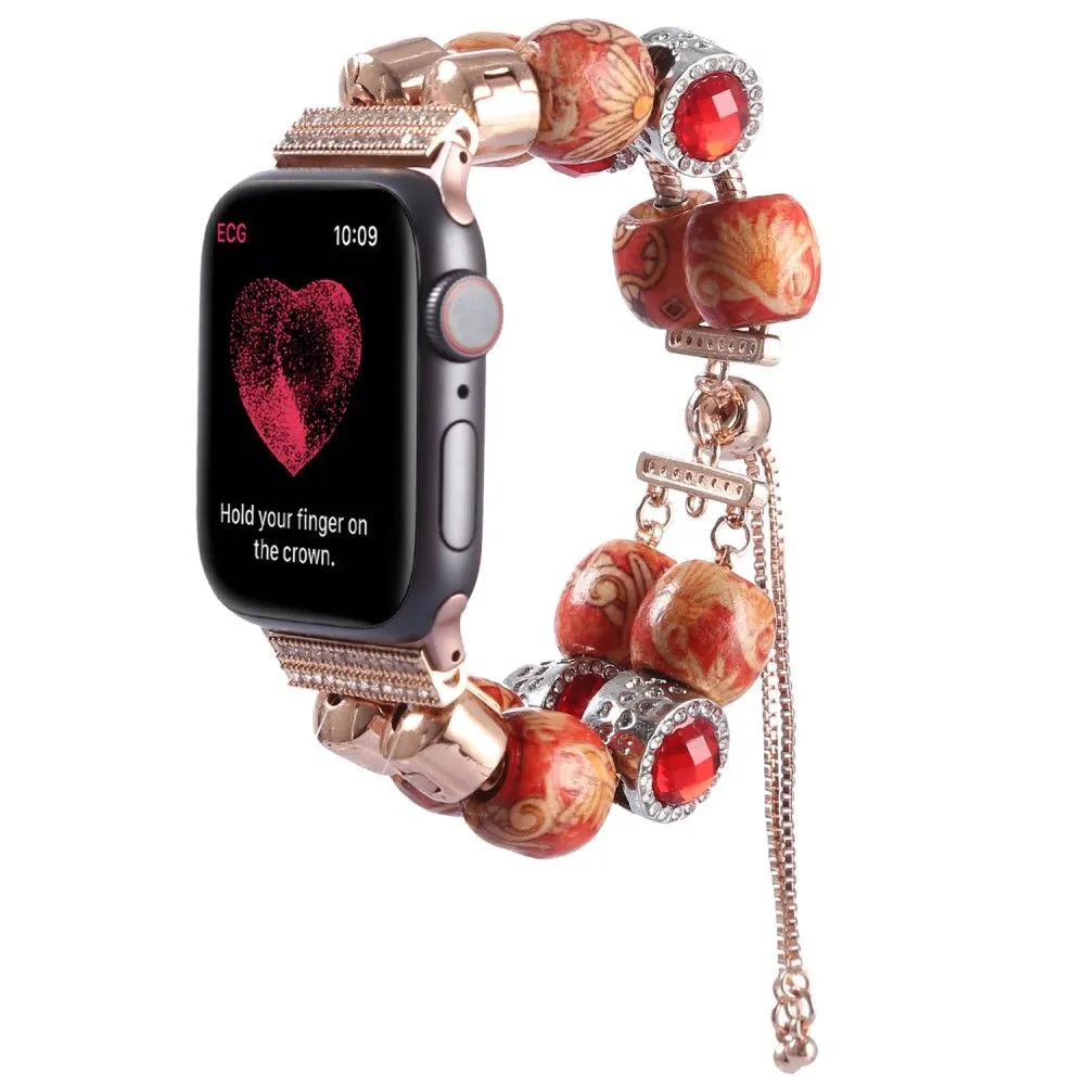 Apple Watch (45mm) stylish bead loop watch strap - Wood Color / Chain Dangle