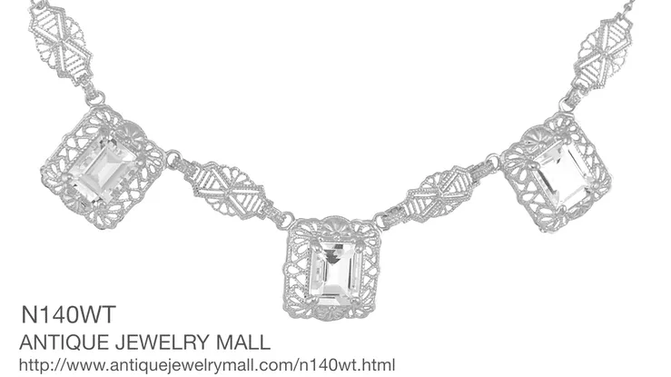 Art Deco Filigree White Topaz 3 Drop Necklace in Sterling Silver