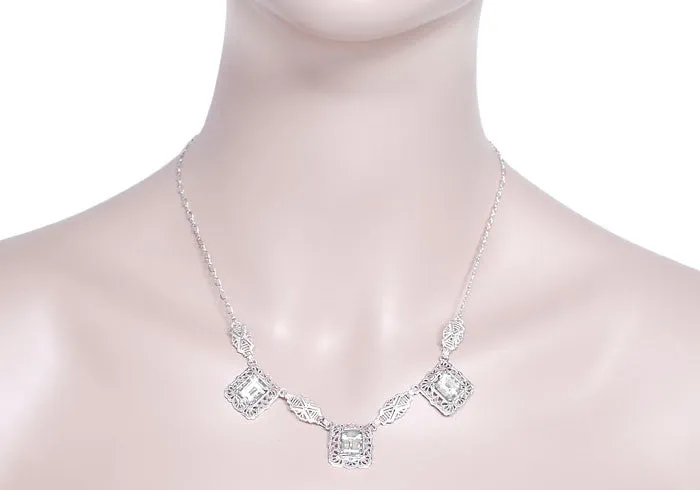 Art Deco Filigree White Topaz 3 Drop Necklace in Sterling Silver