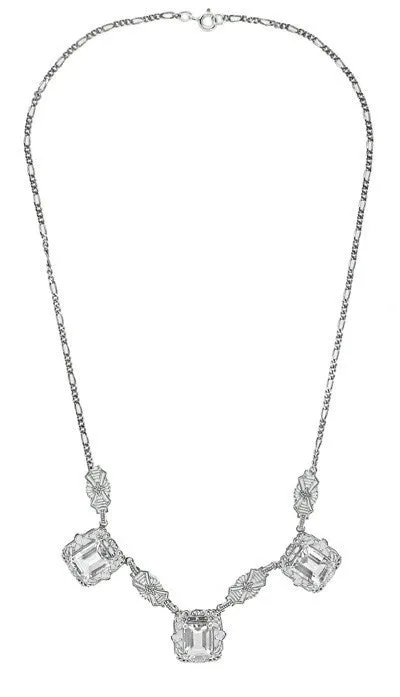 Art Deco Filigree White Topaz 3 Drop Necklace in Sterling Silver