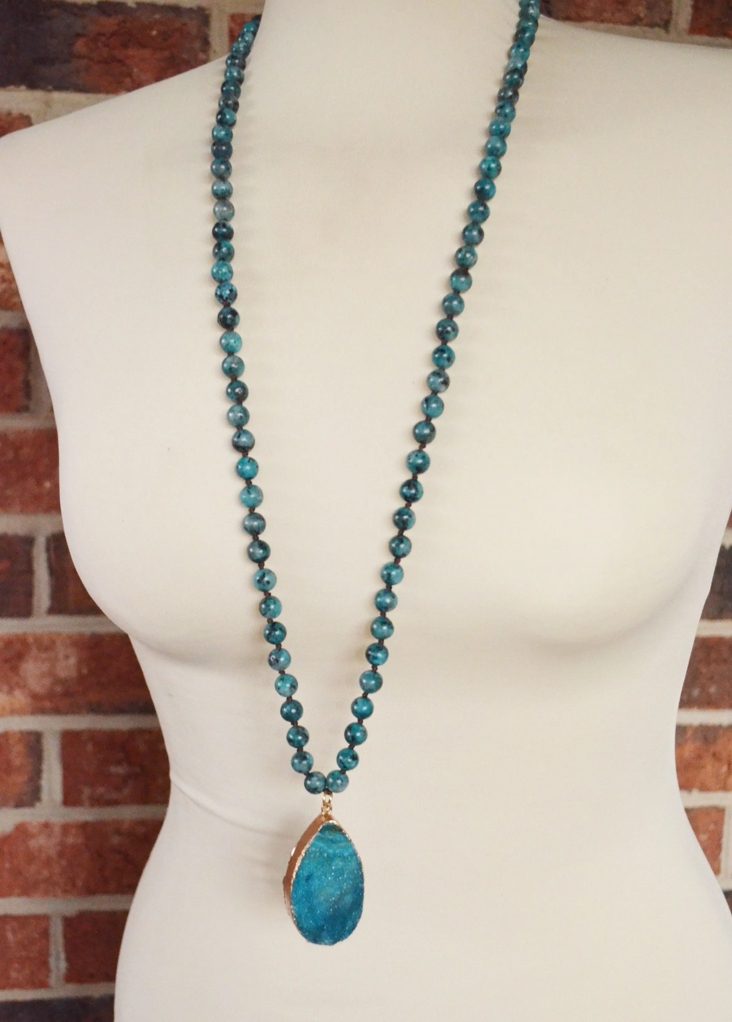 Blue Green Jasper Long Stone Beaded Boho Agate Pendant Necklace - Seraphina