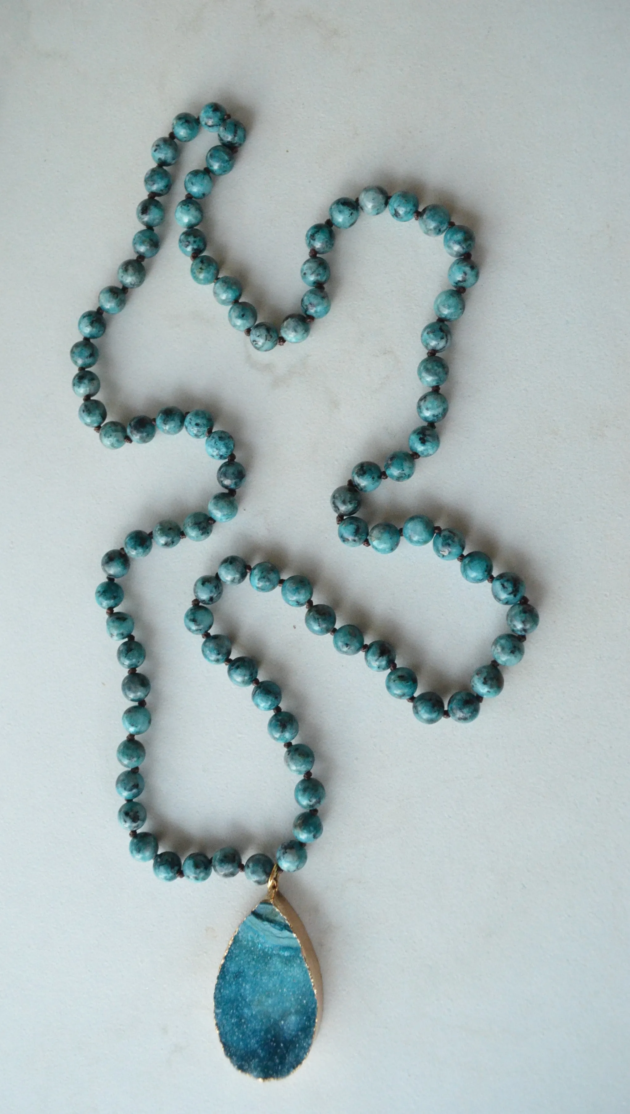 Blue Green Jasper Long Stone Beaded Boho Agate Pendant Necklace - Seraphina