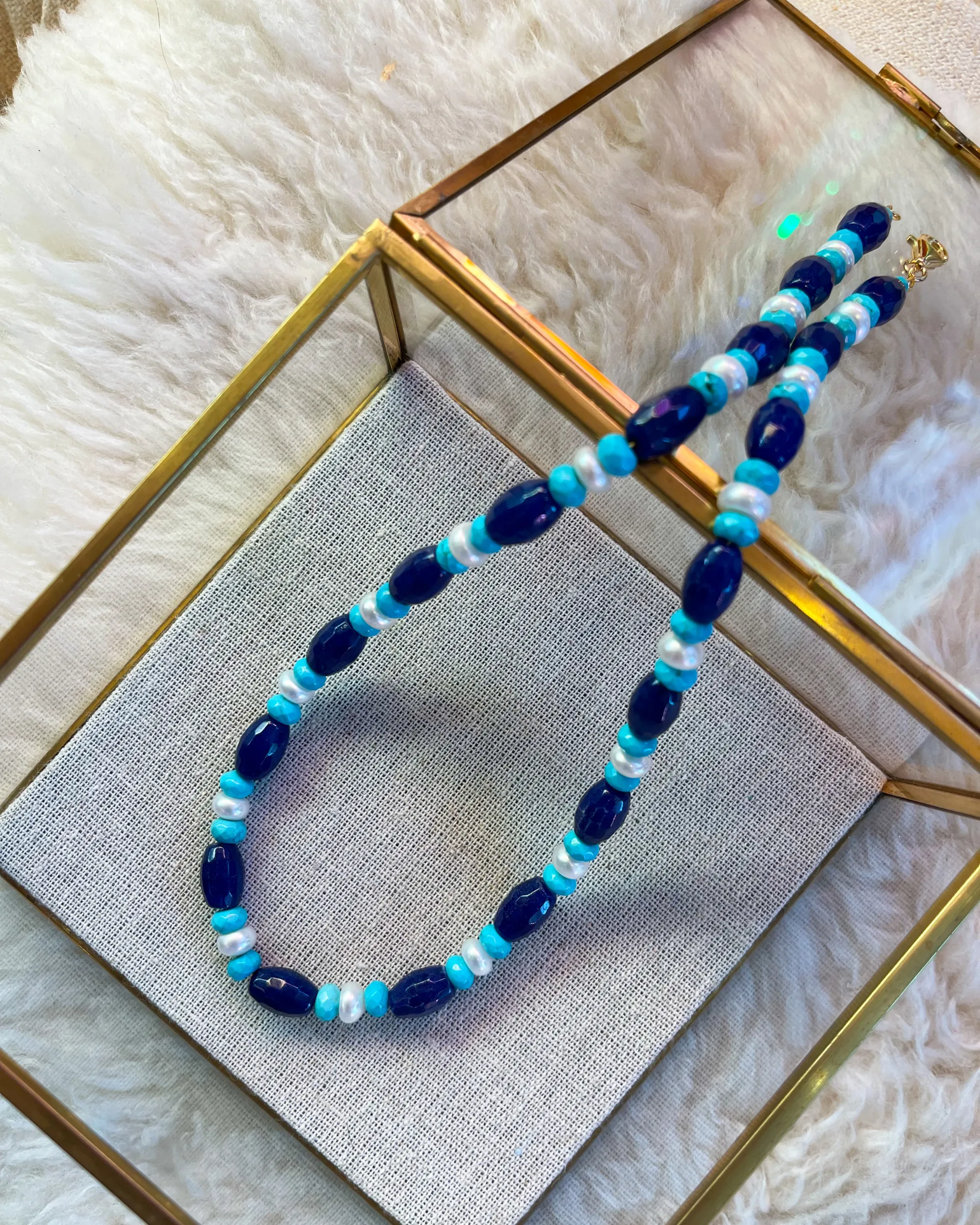 Blue Jade and Pearl Necklace