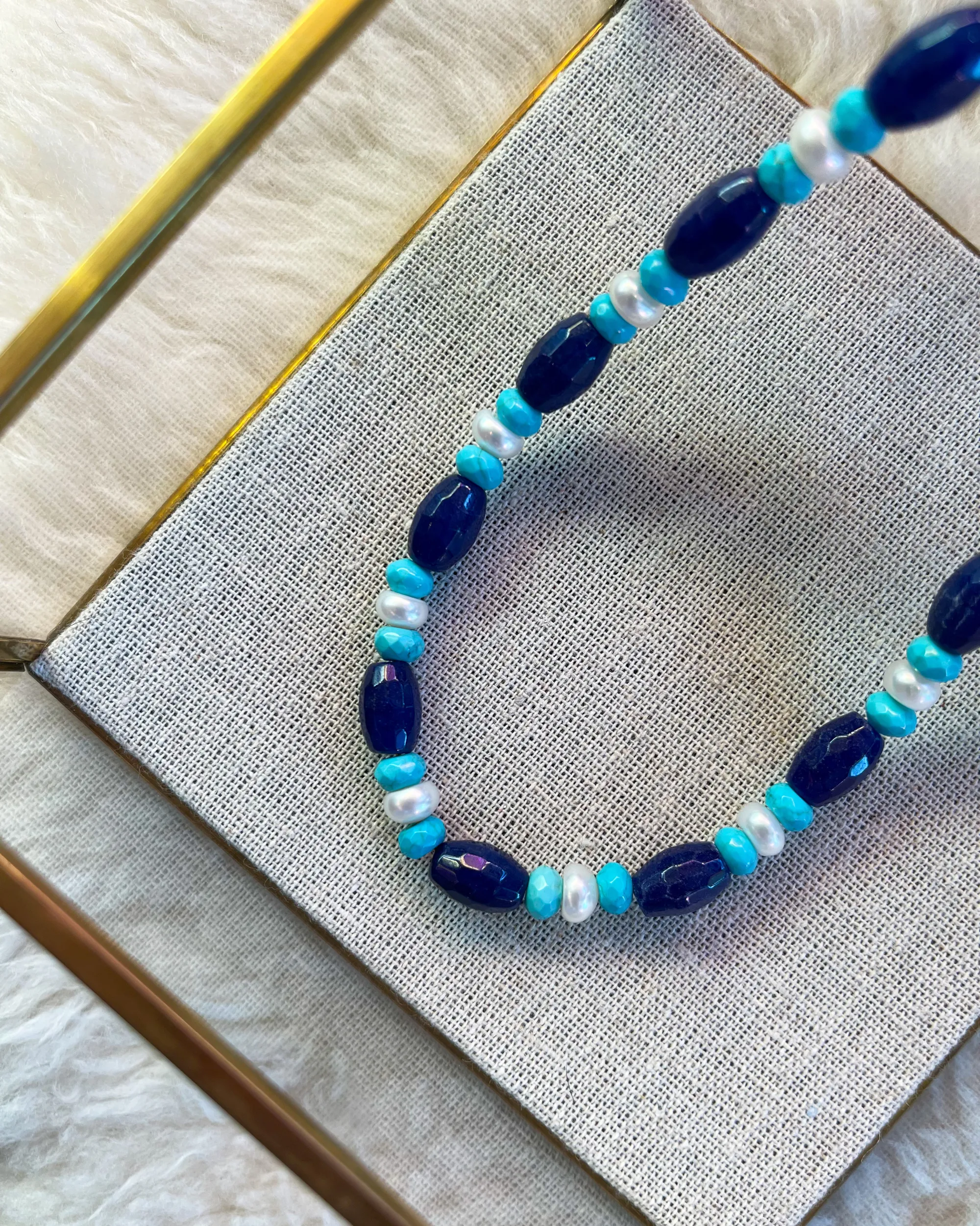 Blue Jade and Pearl Necklace