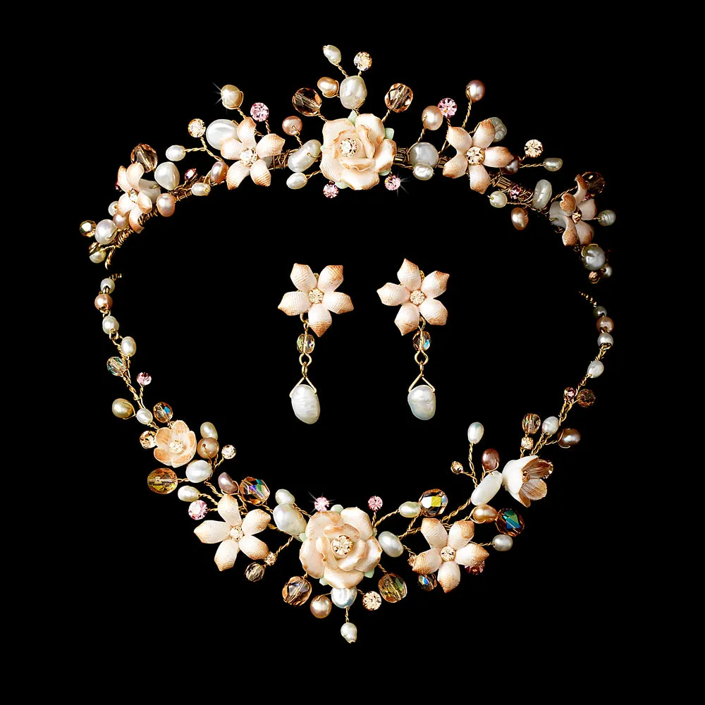 Blush Color Porcelain Pearl Floral Wedding Tiara