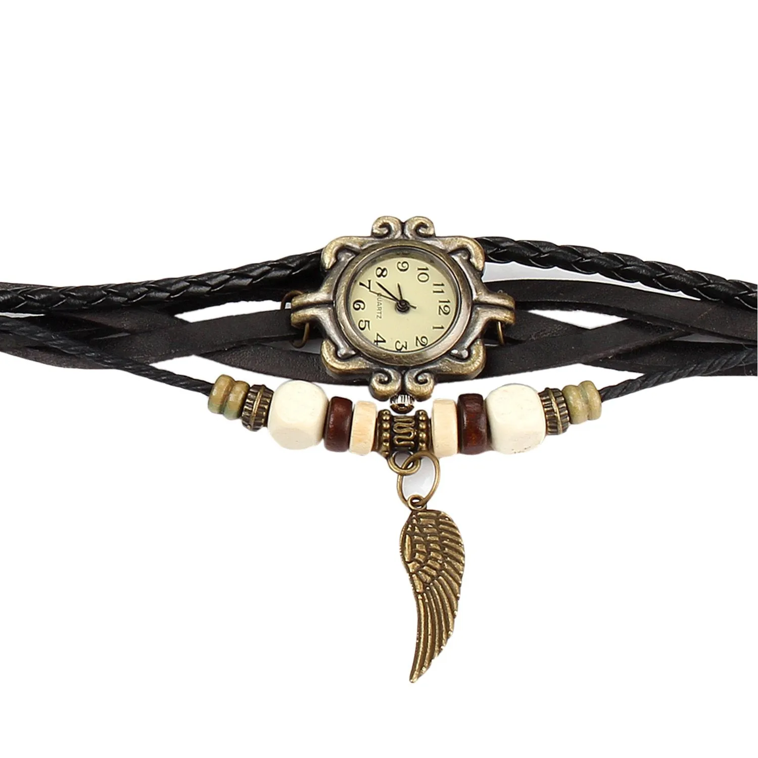 Bohemian Style Handmade Leather Angel Wing Womens Watch Quartz Orange 21cm