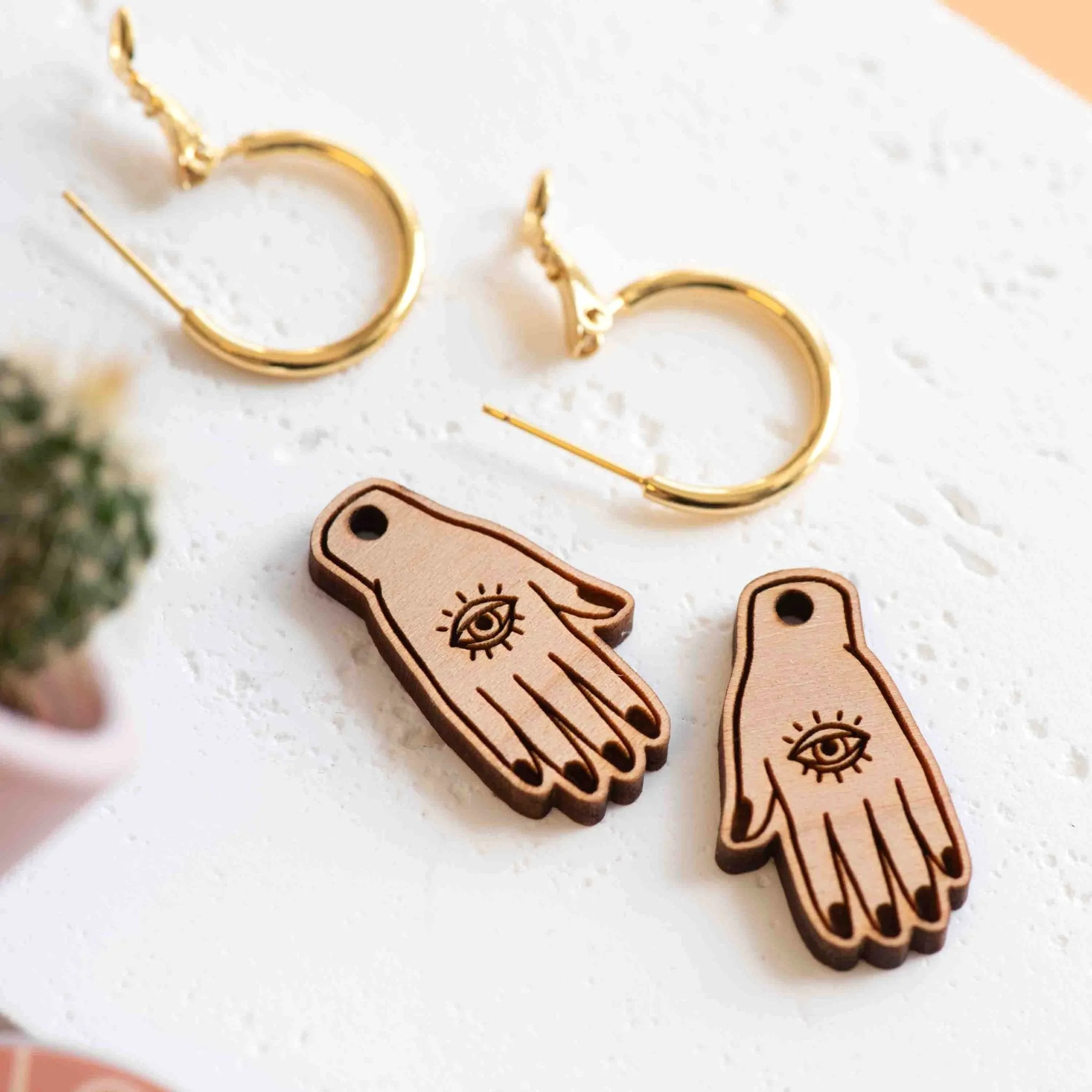 Cherry Wood Lucky Hamsa Palm Hoop Earrings - PET15118H