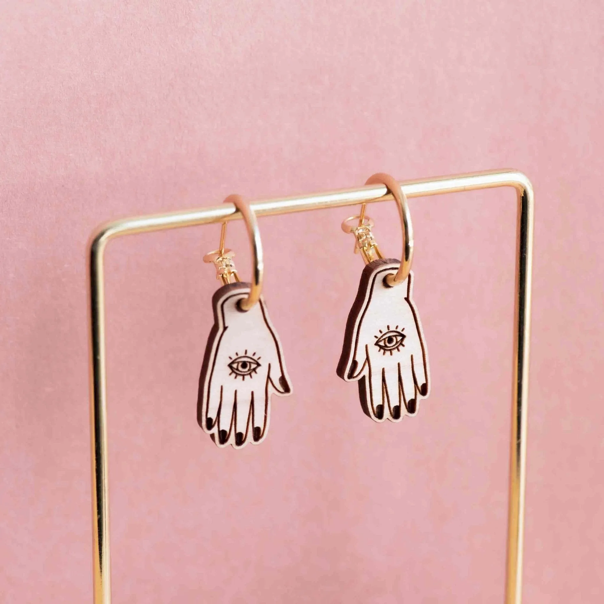 Cherry Wood Lucky Hamsa Palm Hoop Earrings - PET15118H
