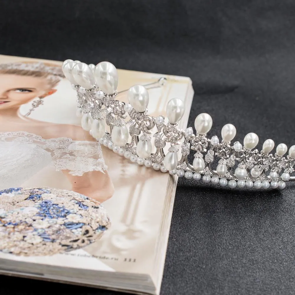 Cubic Zircon Wedding Tiara, Bridal Pearl Tiaras Diadem CH10090