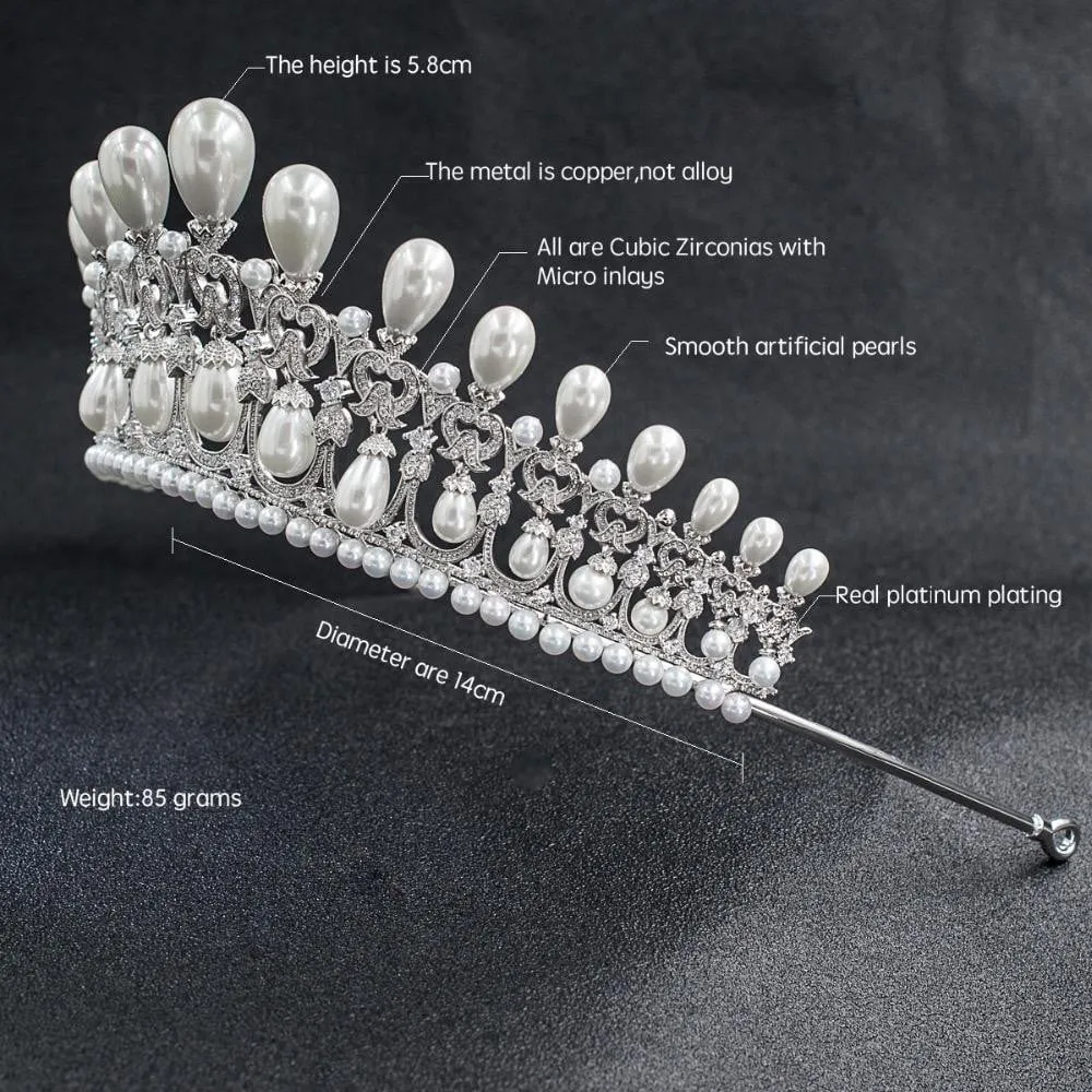 Cubic Zircon Wedding Tiara, Bridal Pearl Tiaras Diadem CH10090