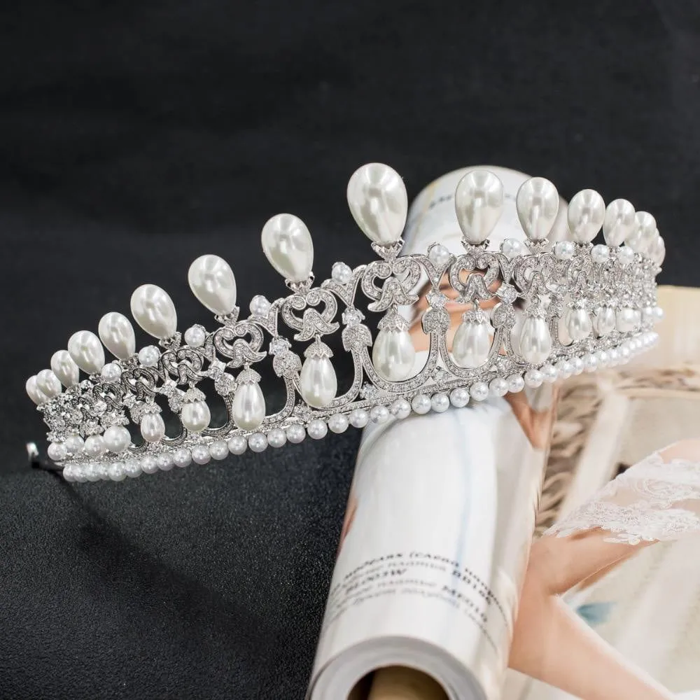 Cubic Zircon Wedding Tiara, Bridal Pearl Tiaras Diadem CH10090