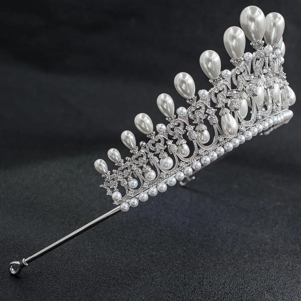 Cubic Zircon Wedding Tiara, Bridal Pearl Tiaras Diadem CH10090