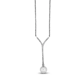 Cultured Pearl and Diamond Y-Drop Necklace in 14 Karat White Gold