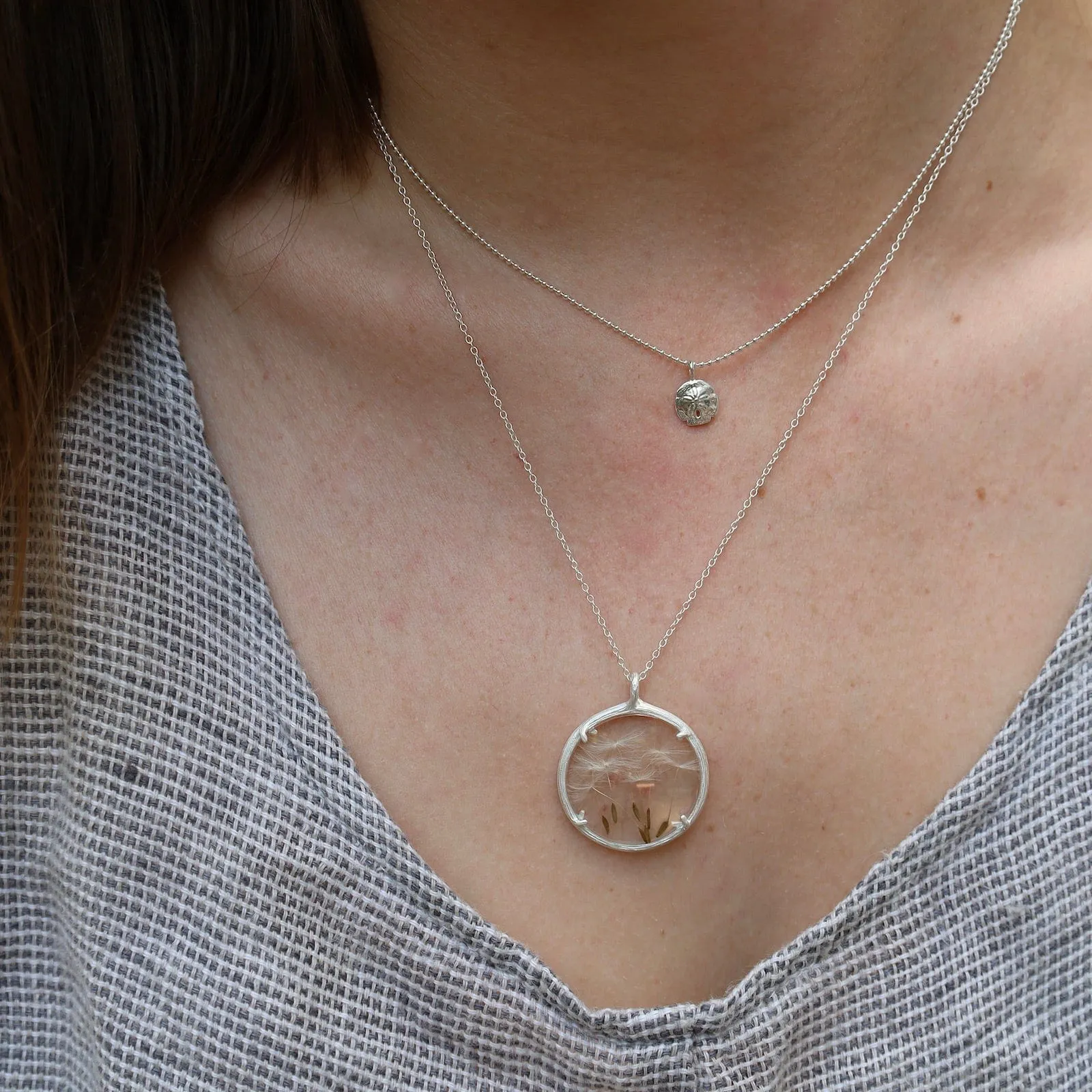 Dandelion Large Glass Botanical Necklace - Sterling Silver