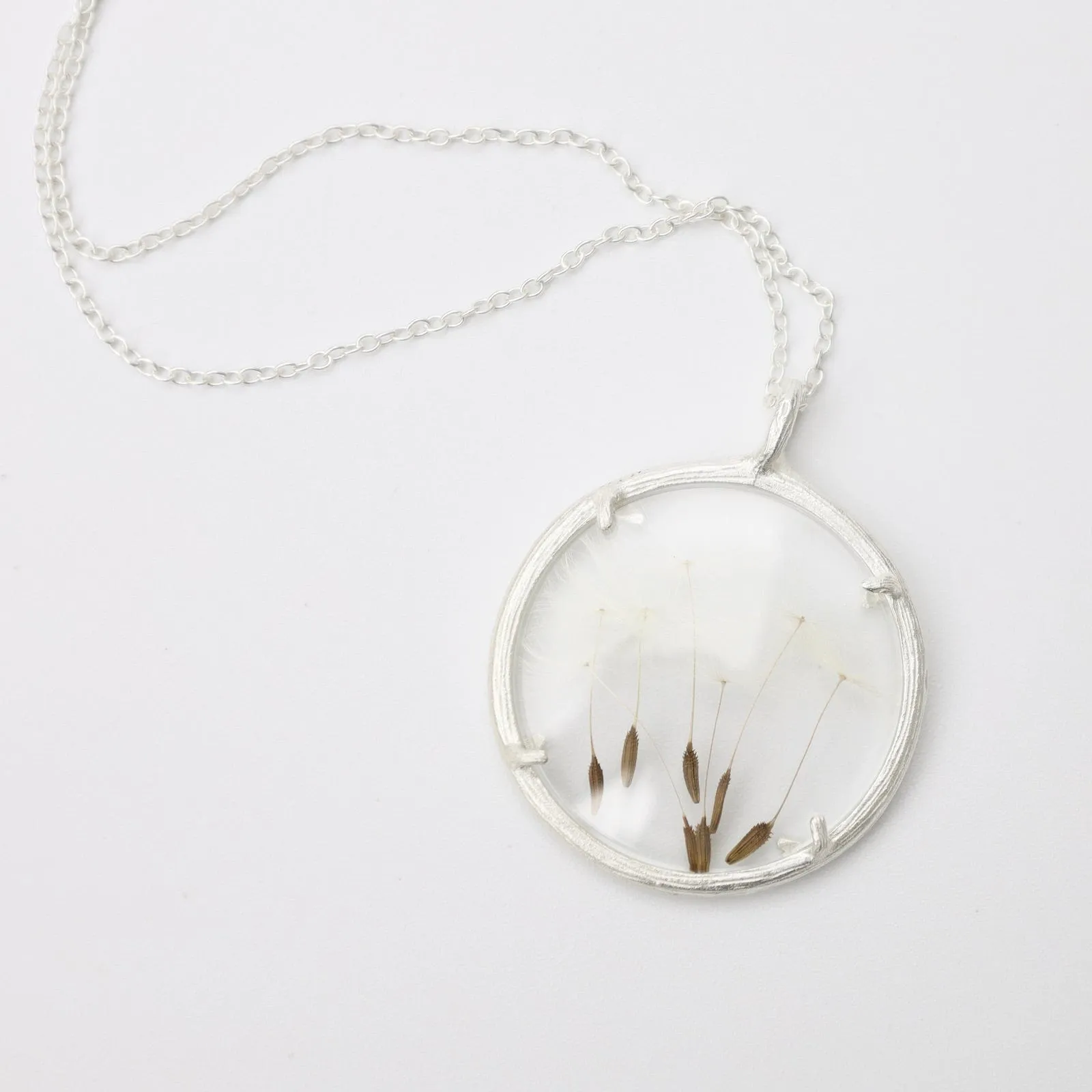 Dandelion Large Glass Botanical Necklace - Sterling Silver