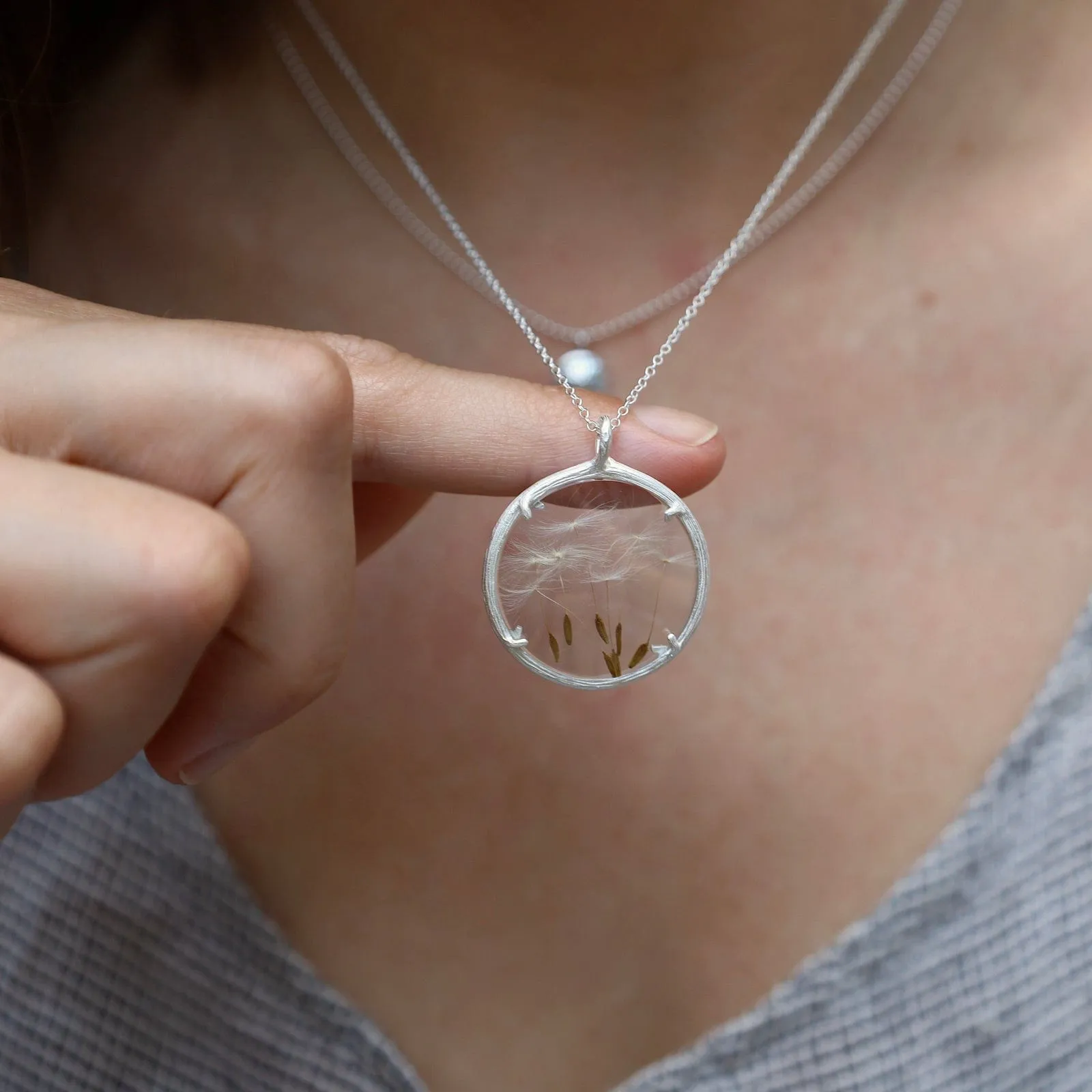 Dandelion Large Glass Botanical Necklace - Sterling Silver