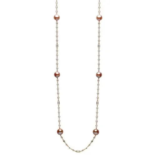 ESTATE AAA WHITE TOPAZ & PINK PEARL 14KT ROSE GOLD BY THE YARD TIN CUP NECKLACE
