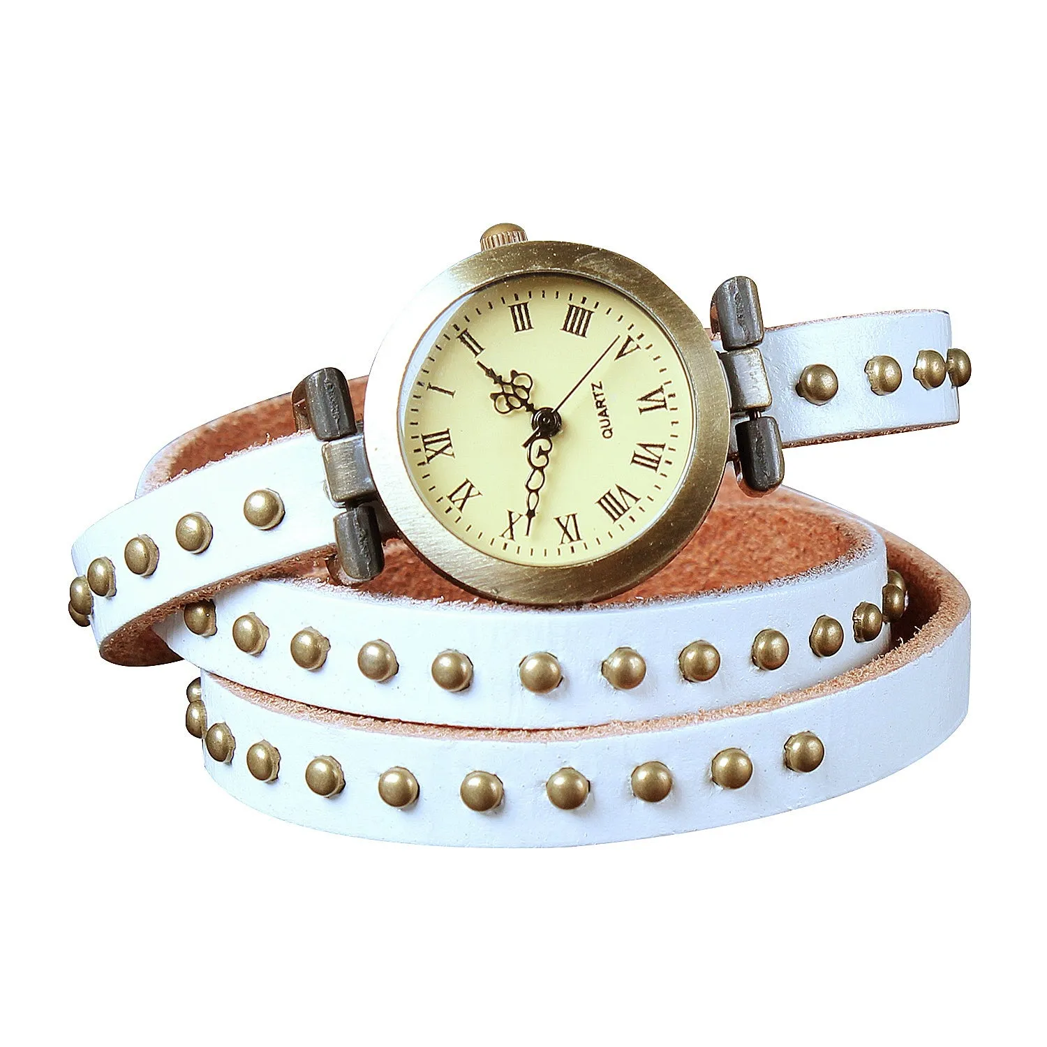 Fashionable Rivet Leather Belt Retro Watch Hand Chain-white