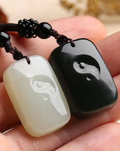 Genuine Nephrite White & Black Jade Yin Yang Pendant Necklace
