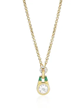 Gold Olive gold necklace with white topaz and emerald green stone