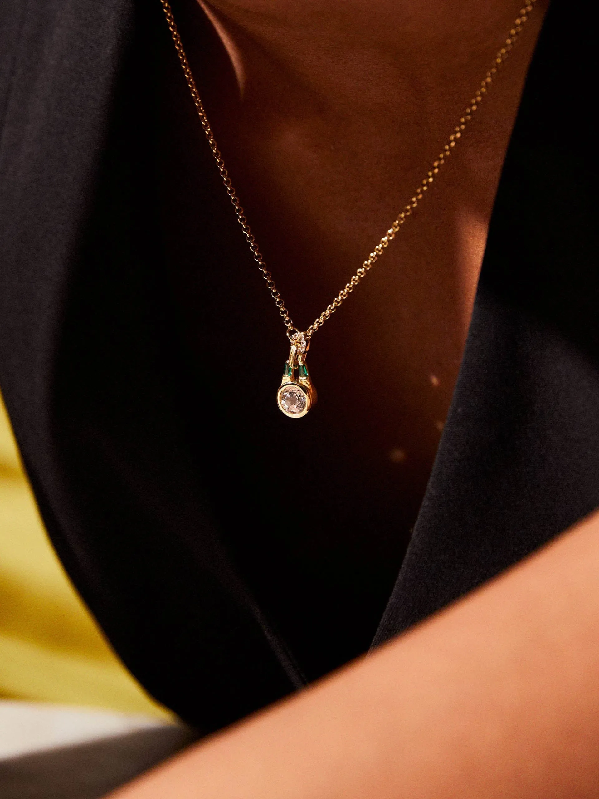 Gold Olive gold necklace with white topaz and emerald green stone